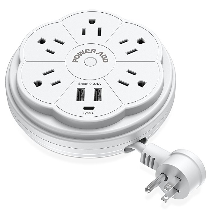White Color Round Surge Protector Safe Power Strip Round 5-Outlet Power Strip With USB Type C Output, Dual Smart USB Ports