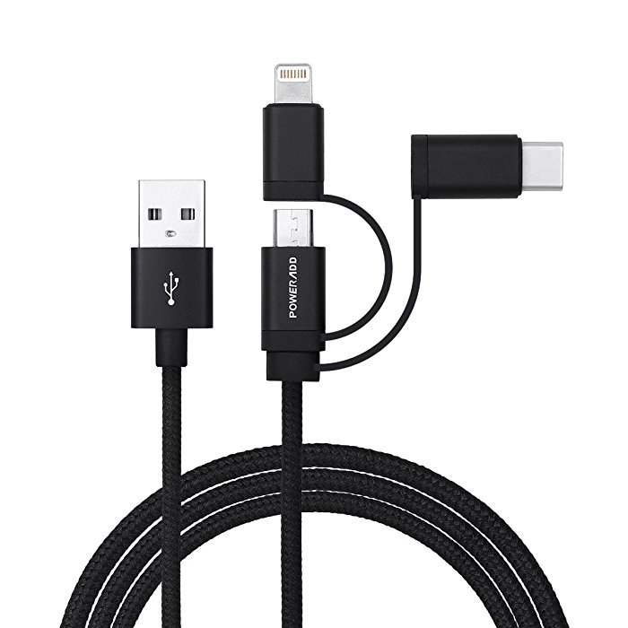 Poweradd Durable Nylon Braided 3-In-1 USB Charger Cable Micro USB, Lightning, Type C 3-in-1 USB Data and Charging Cable