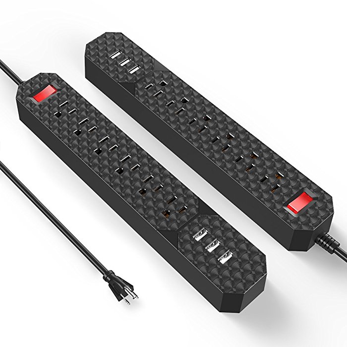 2-Pack Poweradd Black Surge Protector 6 Outlet Power Bar