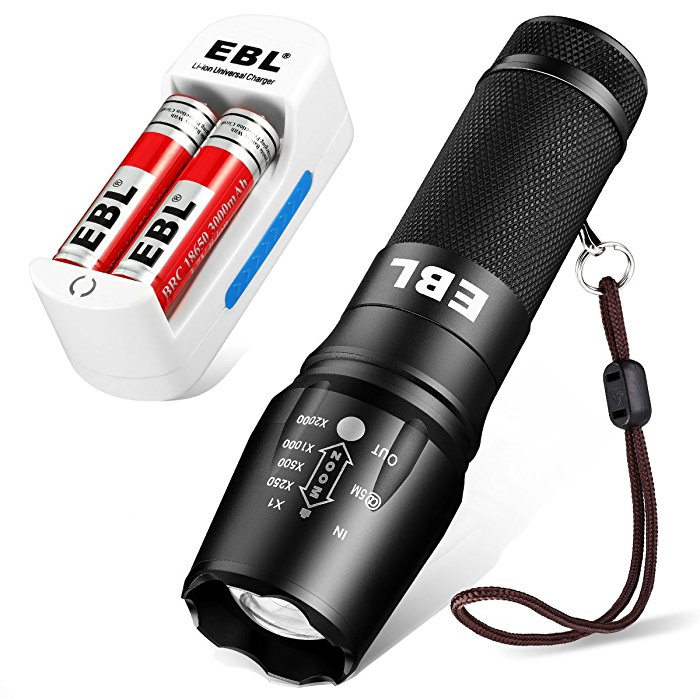 Super Bright LED Torch Self-defense Flashlight Waterproof LED Tactical Flashlight With a Battery Charger and 2-Pack Rechargeable 18650 Batteries