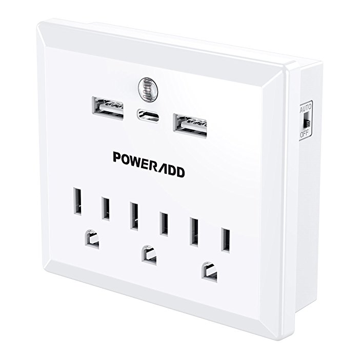 Fire-resistant 3 Outlet Surge Protector with 2 USB Ports / 1 Type-C Port / Night Light