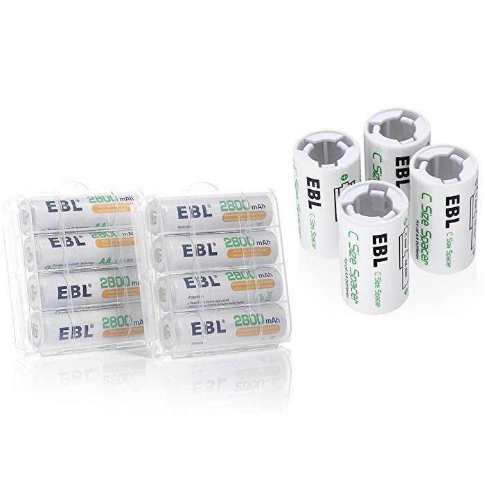 High Performance Long Lasting AA Rechargeable Batteries EBL 8-Pack Ni-MH AA Rechargeable Batteries with 4-Pack C Battery Spacers