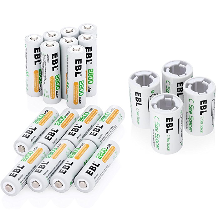 High Capacity NiMH AA Batteries and C Battery Spacers 2800mAh AA Rechargeable Batteries and C Size Spacers Combo